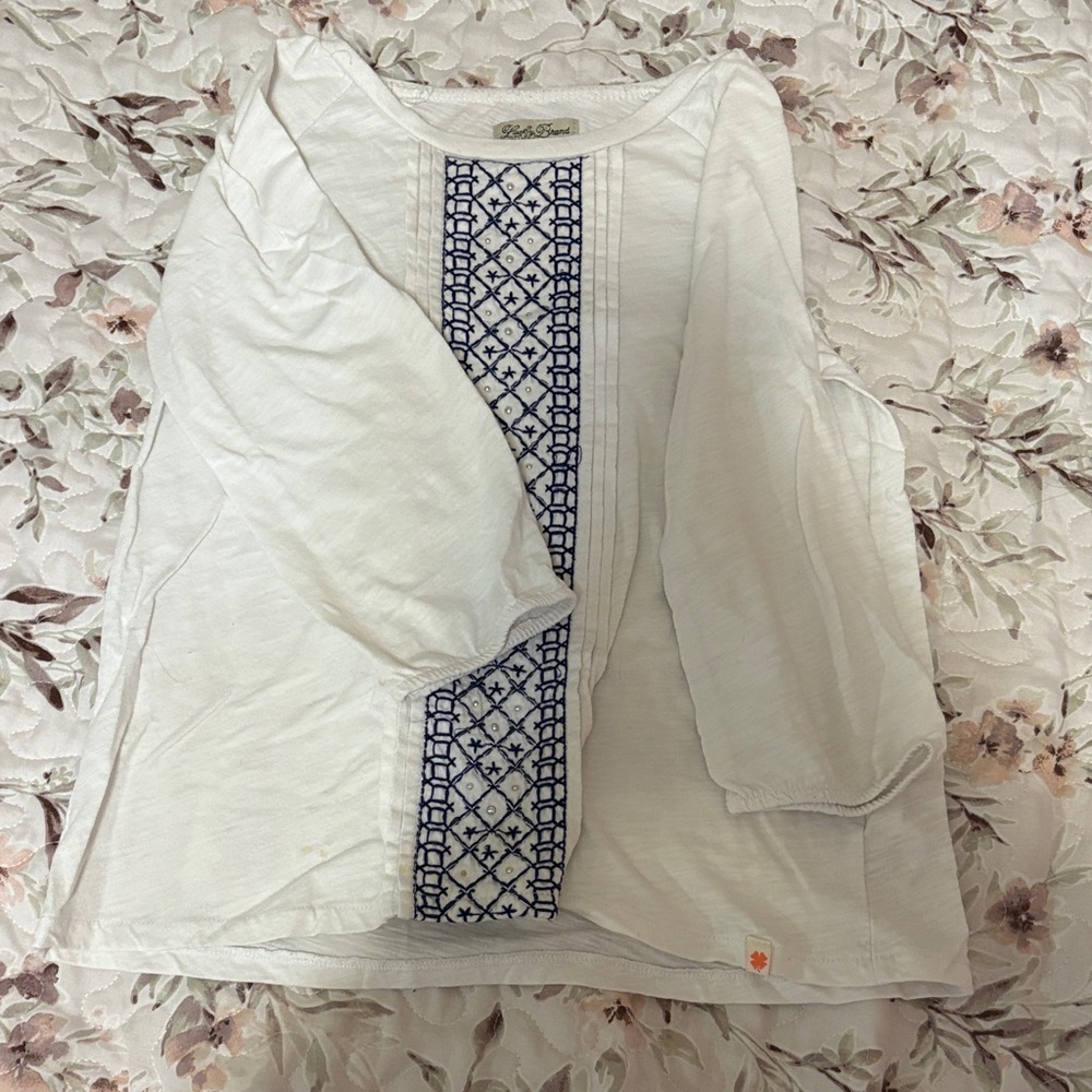 Lucky Brands Girls White Top with Blue Embroidery